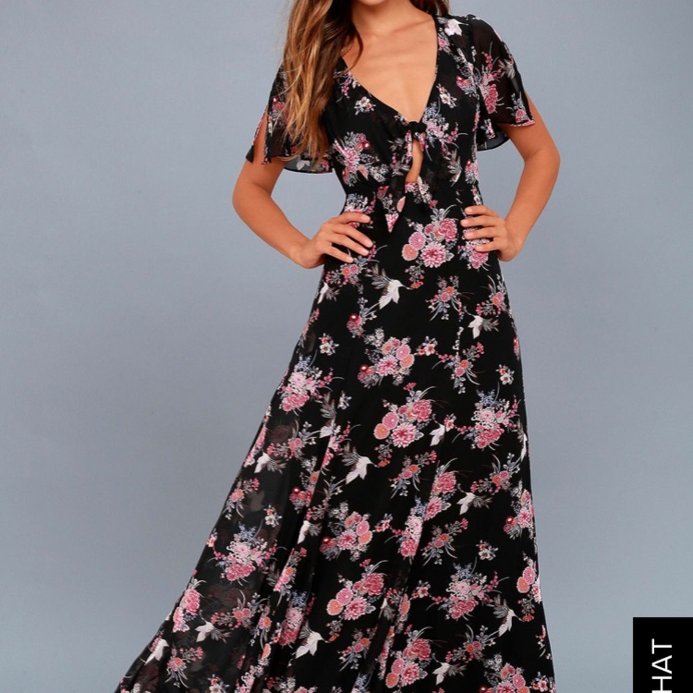 Lulus Wing of Love Black Floral Print Maxi Dress